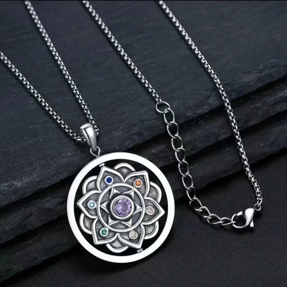 Silver Colorful Rhinestone Flower Pendant Necklace - Picture 5 of 5